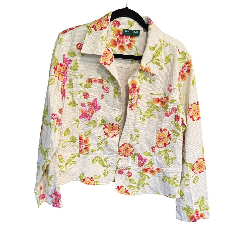 Lemon Grass Studio‎ Floral Denim Style Jacket Womens XL White Pink Orange Yellow